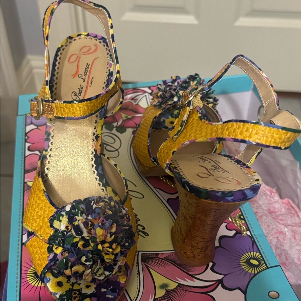 Poetic License Yellow and Purple Wedges with Floral Embellishments